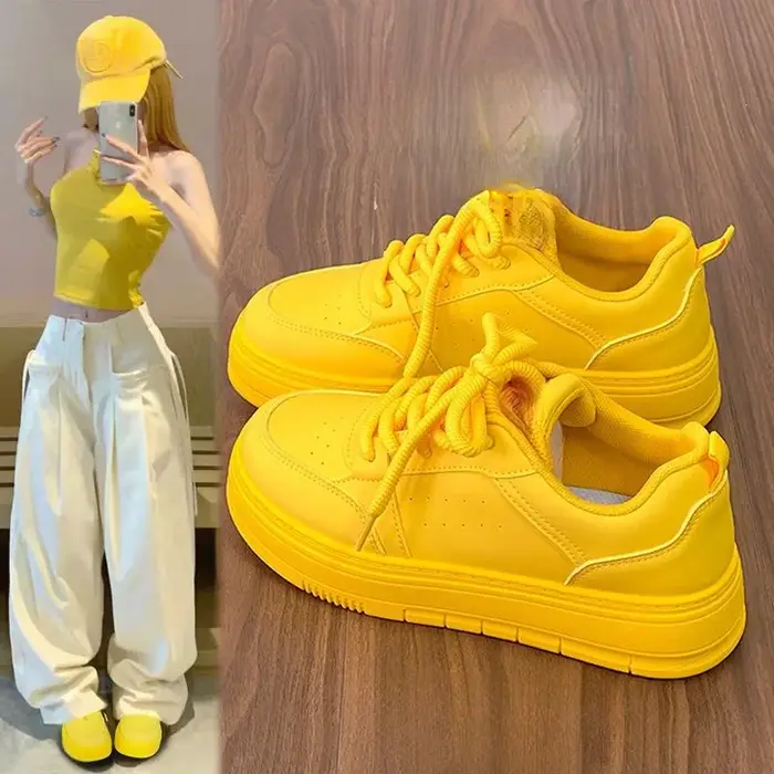 Nouvelles Chaussures Femme 2026 Jaune Dopamine – Baskets en Toile Polyvalentes Respirantes à Coupe Basse