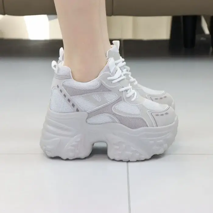 Baskets Chunky 12 cm pour Femme – Chaussures Confortables en Cuir Véritable à Plateforme et Talon Co