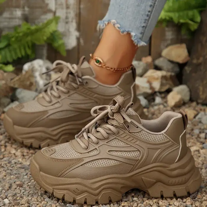 Baskets rétro kaki à plateforme épaisse pour femmes