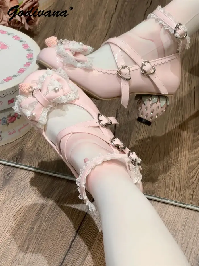 Chaussures Lolita Mary Janes, nouvelle collection printemps, bout rond, nœud en dentelle, mignonnes, élégantes, talons hauts pour femmes, chaussures à talons en cuir