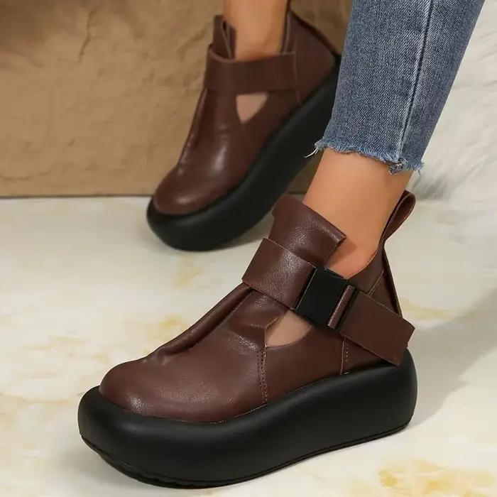 Bout rond semelle épaisse en cuir rétro plate-forme chaussures femmes loisirs romain