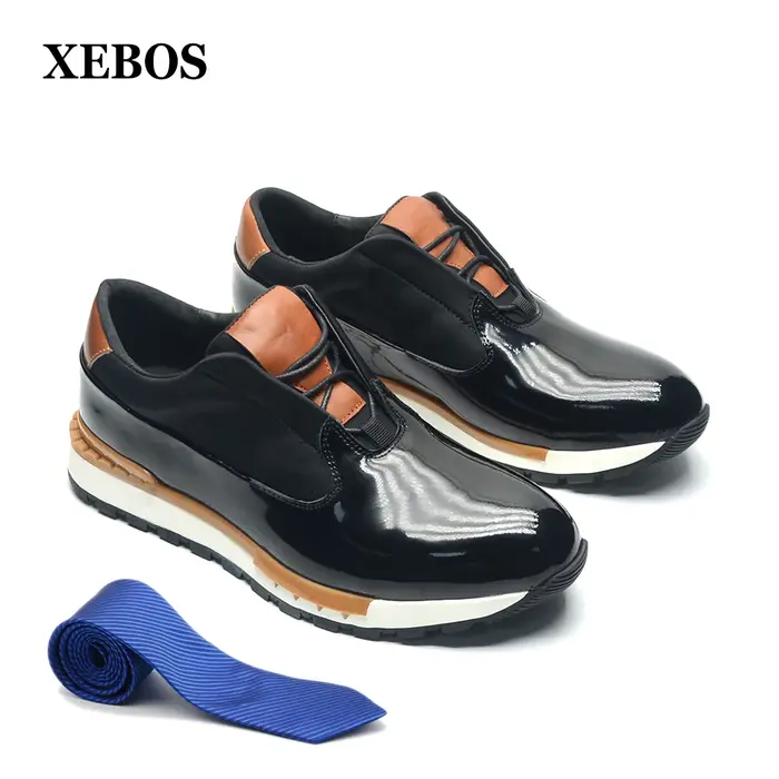 XEBOS luxe hommes Oxford baskets noir véritable cuir verni à lacets semelle antidérapante lisse bureau fête chaussures