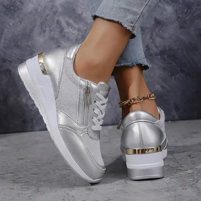 Mode fond épais argent baskets femmes 2025 printemps talon compensé chaussures vulcanisées femme confortable à lacets Sport Sneaker Mujer