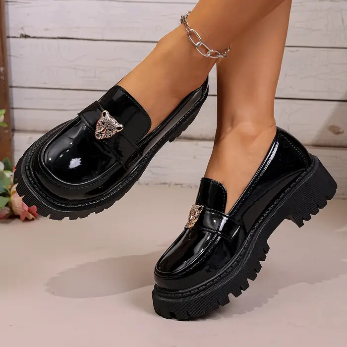 Mocassins à plateforme pour femmes, décor tête de léopard, en cuir verni, à enfiler, semelle épaisse, bout rond, style vintage, pour le bureau, le quotidien, décontracté