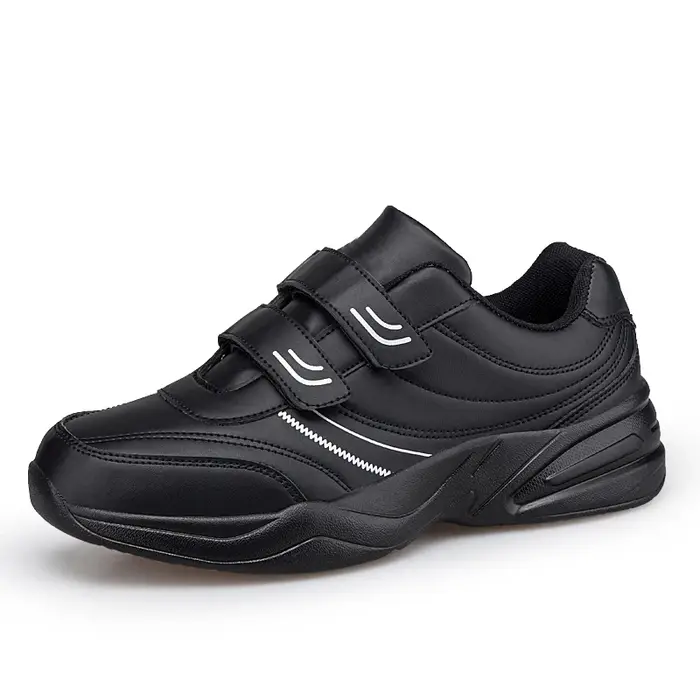 Chaussures de sport décontractées en cuir noir pur pour hommes, ajustables avec fermeture auto-agrip