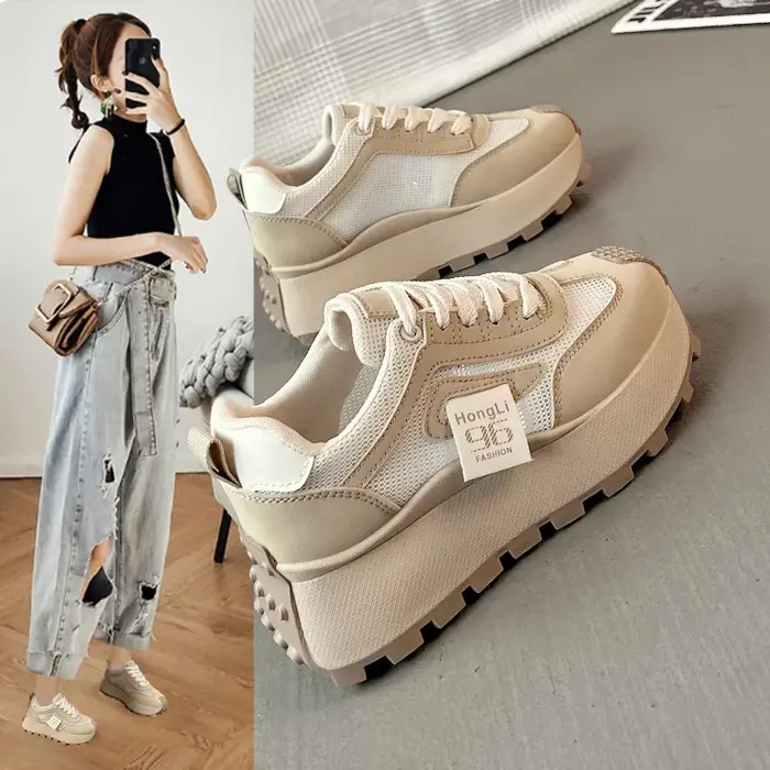 Grosses automne nouvelles femmes chaussures Csaual baskets de course mode à lacets Patchwork en cuir Sneaker