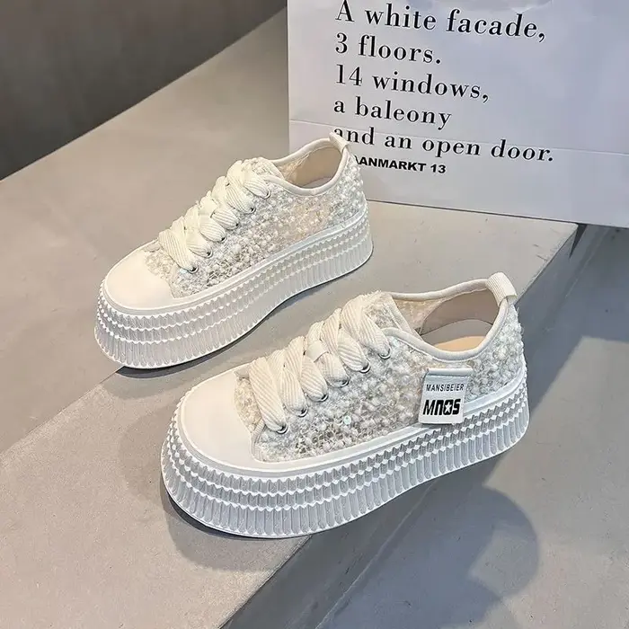 Nouveau Air Mesh blanc chaussures brillant paillettes femmes décontracté à semelles épaisses chaussu