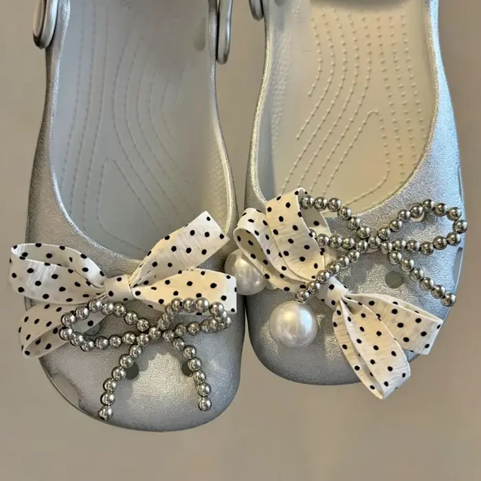 Ensemble de breloques pour chaussures de ballet, nœud papillon argenté, élégant, avec grandes perles