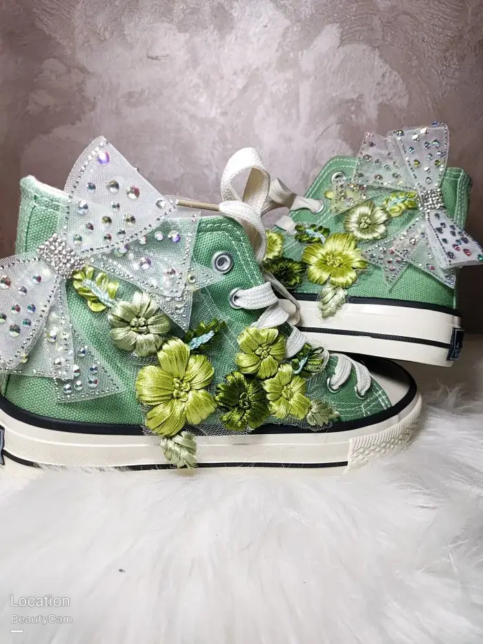 Chaussures montantes en toile pour femmes, avec nœud vert brodé de fleurs, couleur bonbon, faites à 