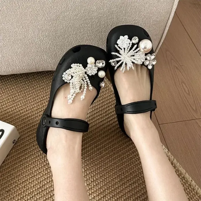 Élégantes Chaussures Plates à Nœud Papillon en Perles et Strass pour Femmes
