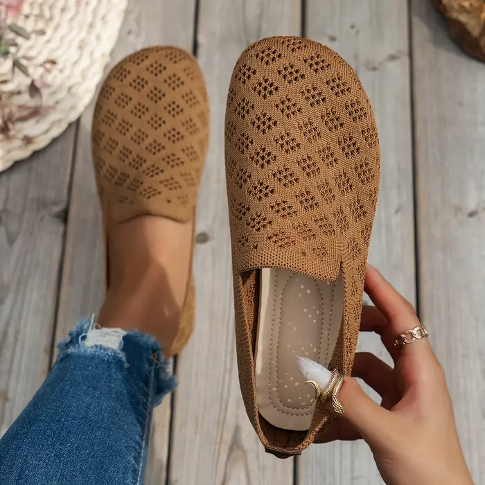 Chaussures paresseuses les plus vendues : chaussures plates à enfiler en tricot ajouré confortables 
