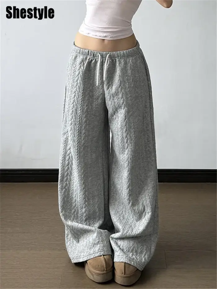 Shestyle gris pantalons de survêtement automne pour les femmes Streetwear cordon Texture Staight décontracté ample minimaliste pantalon à jambes larges 2025