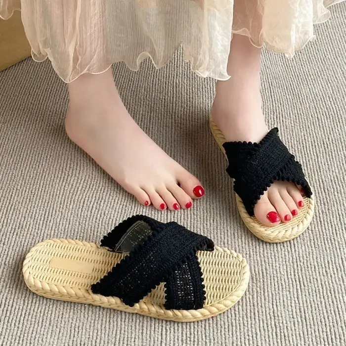 Sandales plates décontractées de style bohème tressé pour les vacances, antidérapantes en PVC, pour 
