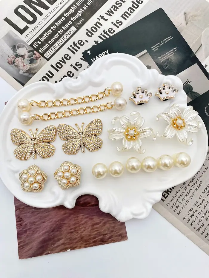 16 pièces d'accessoires pour chaussures, chaîne de perles ABS amovible, couronne de diamant à points