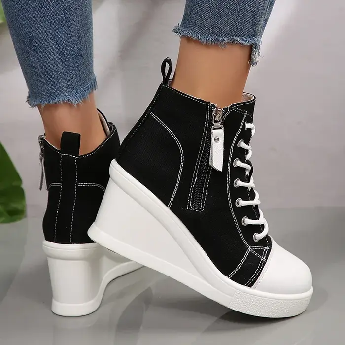 Mélange de couleurs blanc noir haut chaussures en toile compensées femme automne 2025 à lacets plate-forme baskets pour