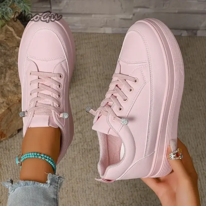 Blanc/rose femmes plate-forme baskets semelle épaisse décontracté usage quotidien dames école marche chaussures à