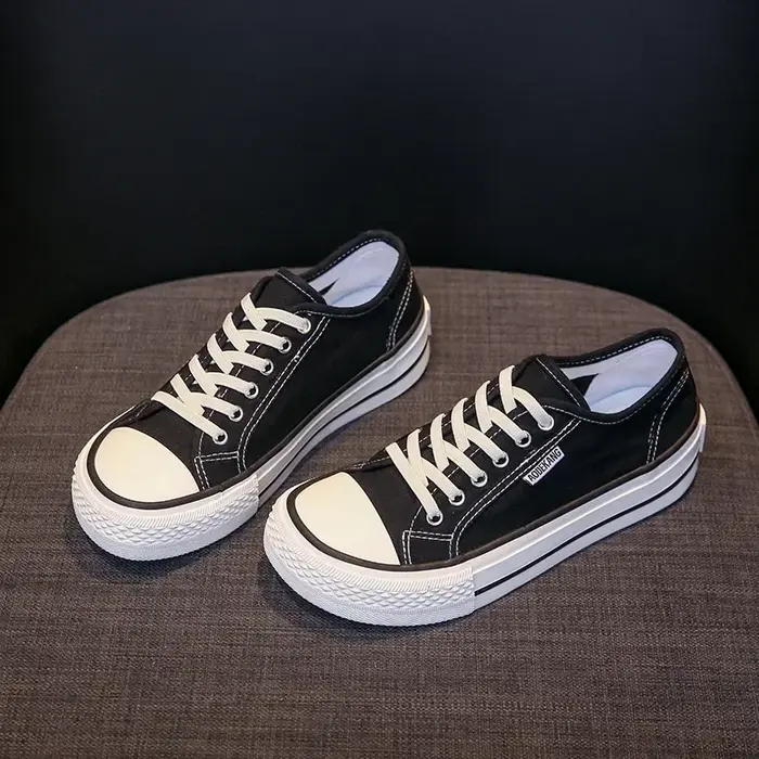 Baskets Basses en Toile Canisée pour Femme, Chaussures à Plateforme, Plates, Noires, Tennis, Classiq