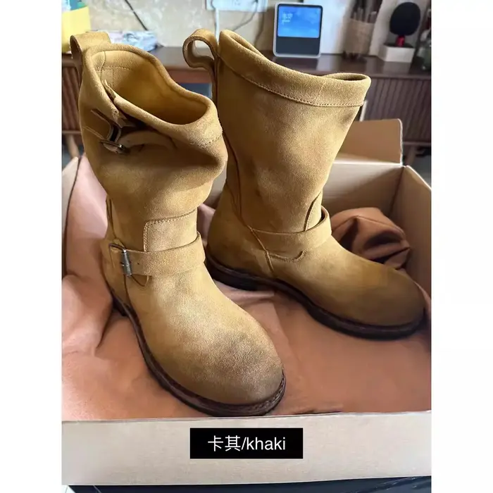 Bottes de travail en daim kaki vintage faites à la main pour hommes et femmes