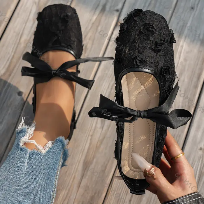 Comemore nouveau rose dentelle fleur appartements printemps été décontracté semelle souple bout carré à lacets doux Ballet maille respirant unique chaussures