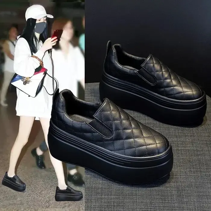 Plate-forme chaussures compensées printemps automne tête ronde couleur unie grosses baskets décontracté sans lacet mocassins Femininas 2025