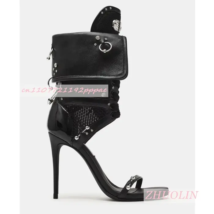 Nouvelles sandales bottes d'été 2026 noires à clous pour femme, à talon aiguille, bout rond, à lacet