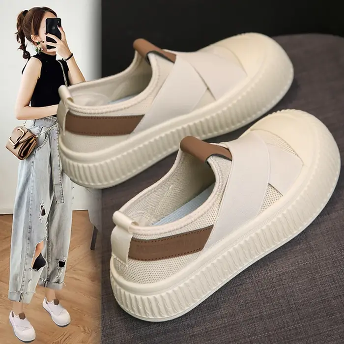 Chaussures plates décontractées à la mode noir et blanc pour femmes, baskets respirantes et confortables à enfiler
