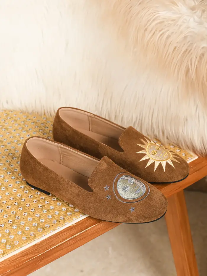 Chaussures plates brodées style londonien en cuir véritable à enfiler, semelle souple, design rétro,