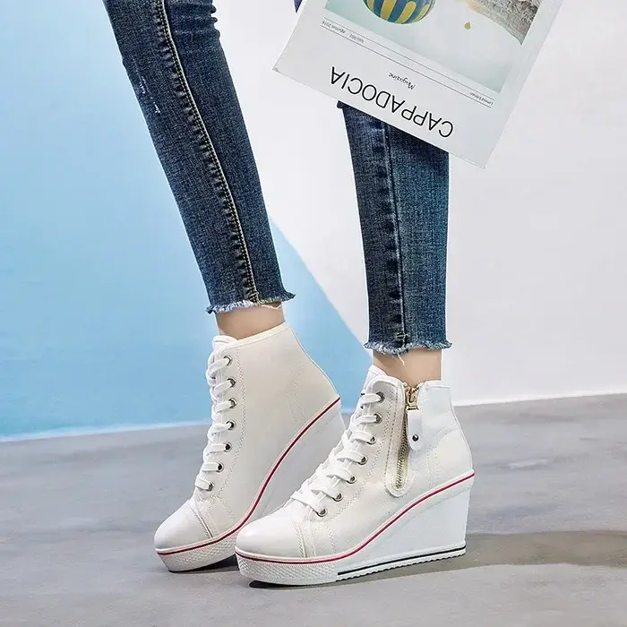 Baskets compensées à plateforme à lacets pour femmes, chaussures en toile à talon invisible, fermetu