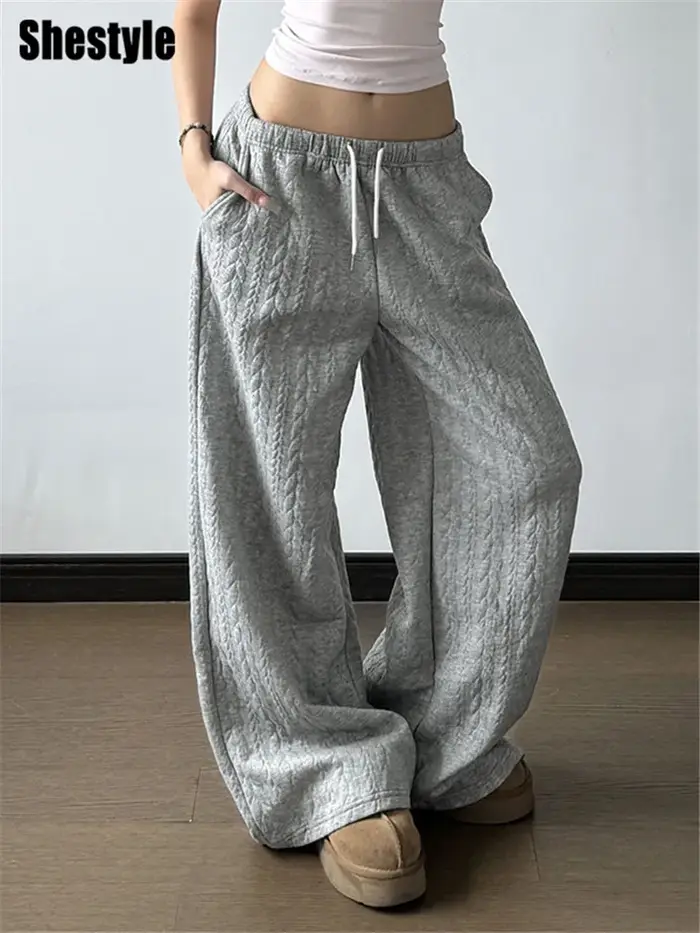 Shestyle gris pantalons de survêtement automne pour les femmes Streetwear cordon Texture Staight décontracté ample minimaliste pantalon à jambes larges 2025