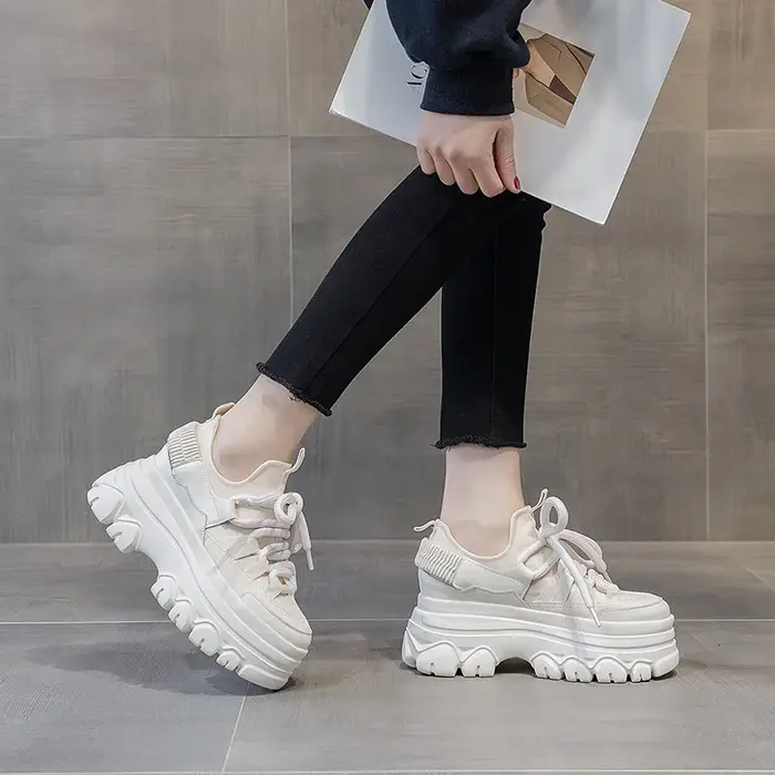 2025 9cm plate-forme baskets à semelles compensées en cuir véritable femmes chaussures grosses