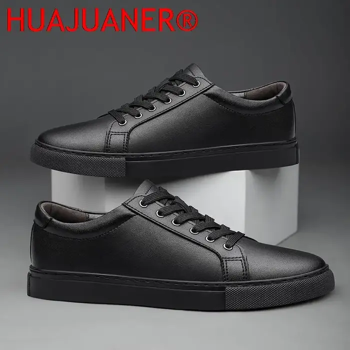 Hommes en cuir véritable chaussures décontractées noir baskets