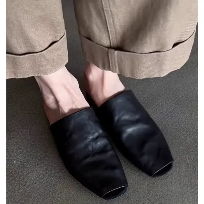 Mules pour femmes vêtements chauds femme carré bout fermé pantoufles peau de vache chaussures plates en cuir véritable