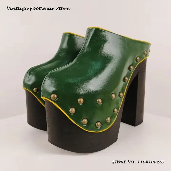 Mules à plateforme en cuir clouté vertes à bout rond et talon épais, style décontracté urbain, grand