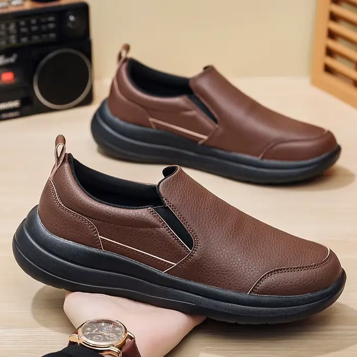 Baskets confortables en cuir à enfiler pour hommes, chaussures de marche de sport décontractées, imp