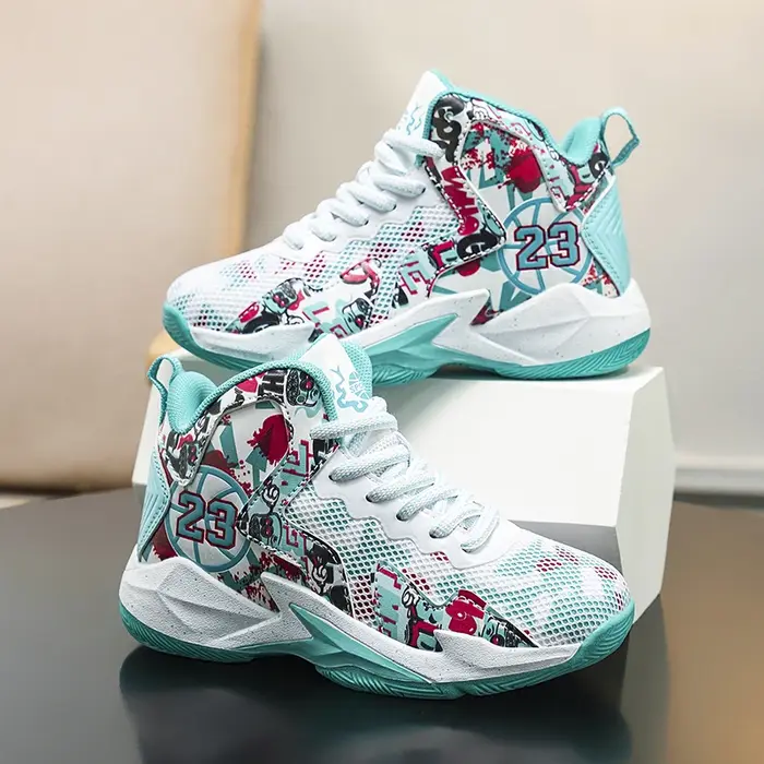 Chaussures de basket-ball pour enfants, baskets respirantes pour garçons, chaussures de sport décontractées antidérapantes pour l'extérieur, chaussures d'entraînement de basket-ball pour enfants