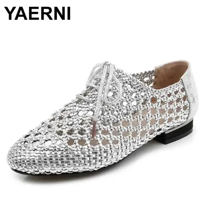 Chaussures plates en cuir véritable pour femmes, lacets, bout rond, découpes, tissage, dames, été, nouvelle arrivée
