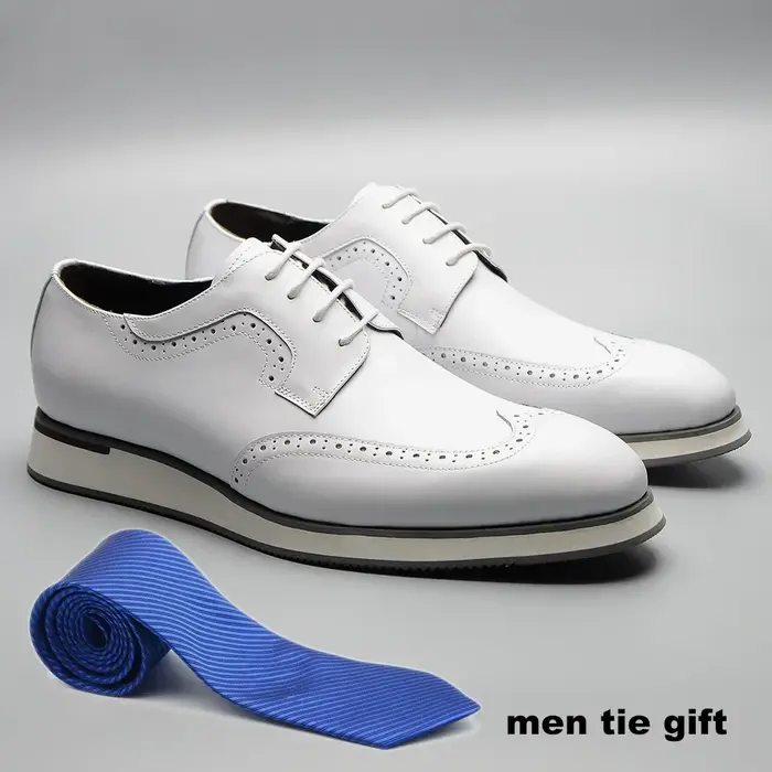 XEBOS hommes blanc été baskets en cuir véritable respirant à lacets aile pointe Derby chaussures décontracté en plein