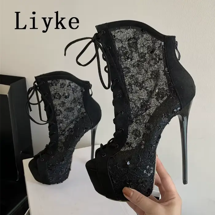 Liyke Sexy Peep Toe à lacets talons hauts plate-forme bottes pour femmes paillettes maille cheville 