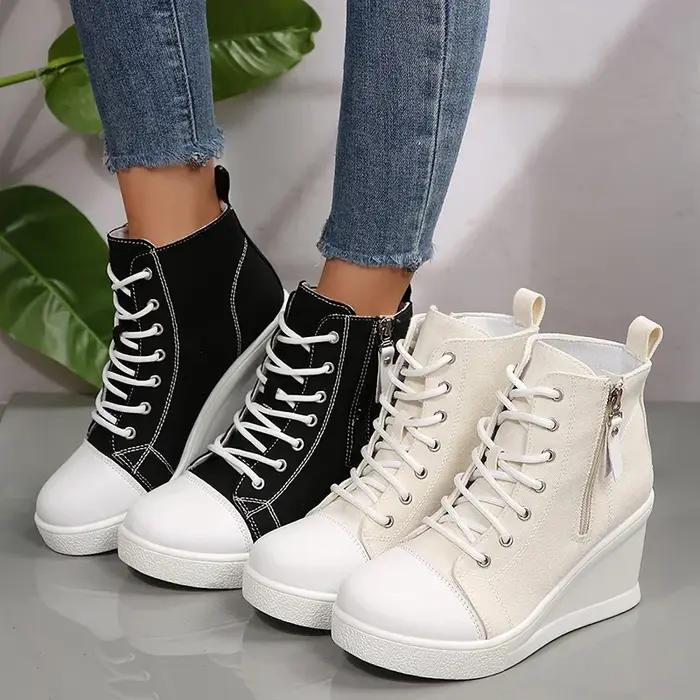 Mélange de couleurs blanc noir haut chaussures en toile compensées femme automne 2025 à lacets plate-forme baskets pour