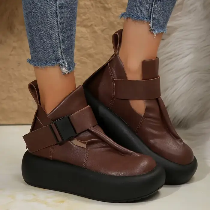 Bout rond semelle épaisse en cuir rétro plate-forme chaussures femmes loisirs romain