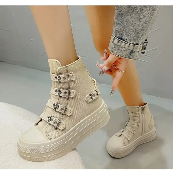 Femmes plate-forme toile chaussures en plein air Goth Punk polyvalent Sneaker boucle sangle conception haut à la mode bottes à glissière femme Cosplay