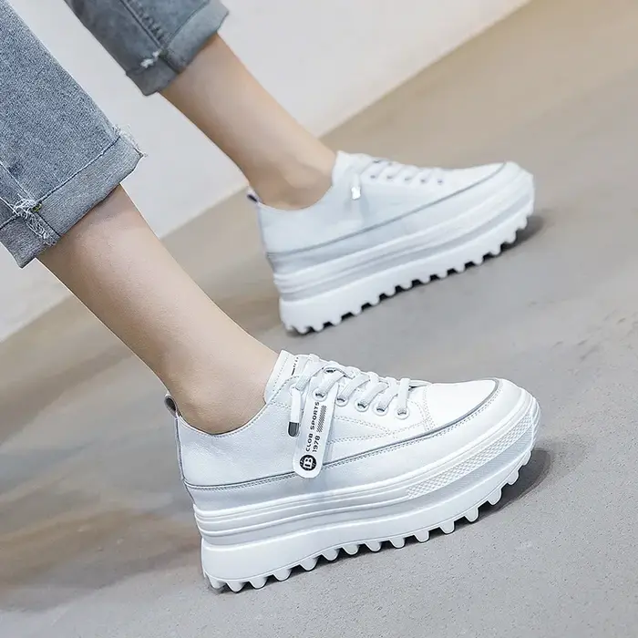 Chaussures blanches en cuir véritable, baskets épaisses à plateforme, décontractées, confortables et