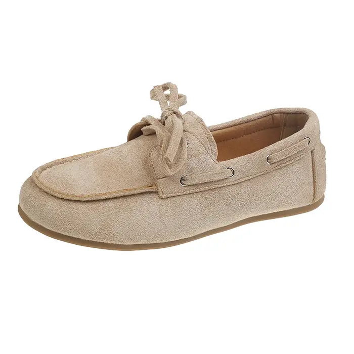 Chaussures bateau à enfiler en cuir suédé pour femme, mocassins classiques à lacets avec nœud papill