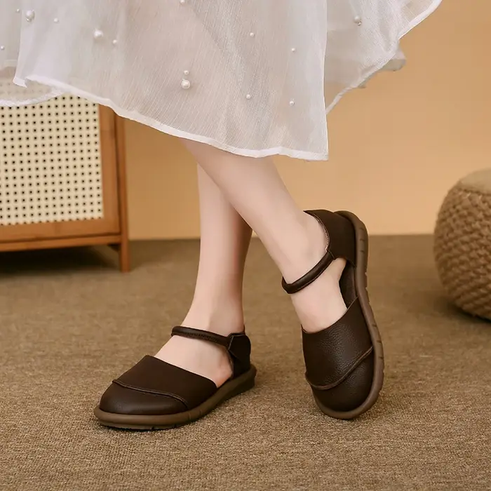 2025 Johnature rétro fait à la main en cuir véritable sandales plates été décontracté polyvalent confortable semelle souple chaussures pour femmes