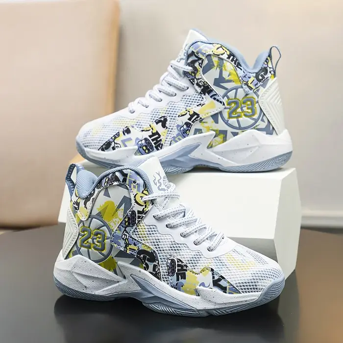 Chaussures de basket-ball pour enfants, baskets respirantes pour garçons, chaussures de sport décontractées antidérapantes pour l'extérieur, chaussures d'entraînement de basket-ball pour enfants