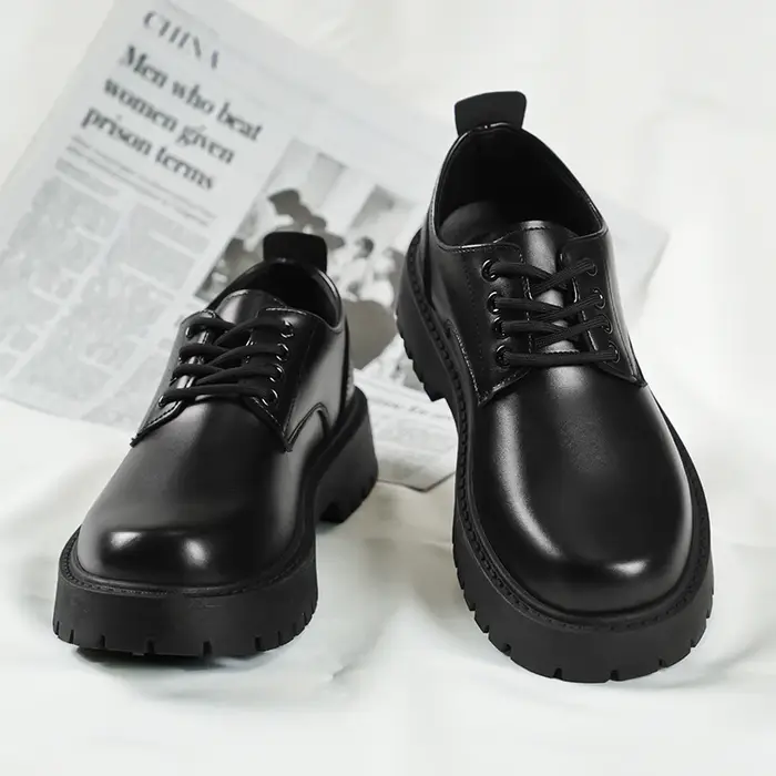 Chaussures à plateforme en cuir noir pour hommes, à lacets, semelle épaisse, chaussures décontractées formelles pour affaires, mariage, extérieur