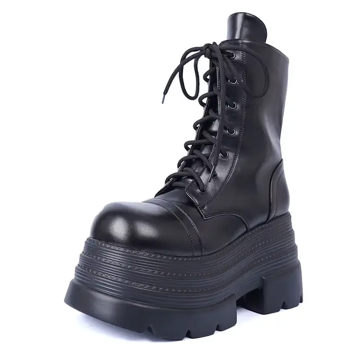 Bottes gothiques mi-mollet pour femmes, bottes De moto d'automne, chaussures en cuir Punk à la mode,