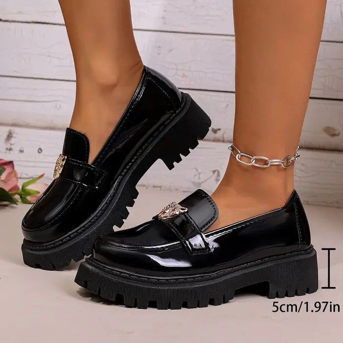 Mocassins à plateforme pour femmes, décor tête de léopard, en cuir verni, à enfiler, semelle épaisse