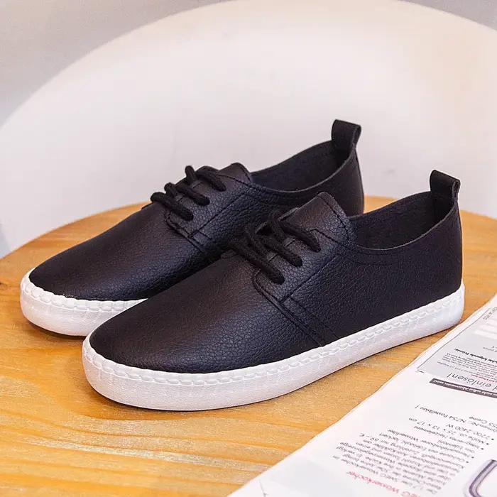 Femmes baskets blanches couleur unie Style de base tout Match dame chaussures talon plat en cuir souple à lacets bonne qualité filles chaussure noir