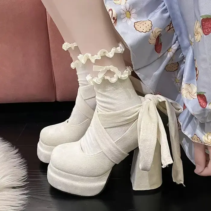 Plate-forme Mary Janes chaussures femmes daim luxe talon haut à lacets tendance Lolita